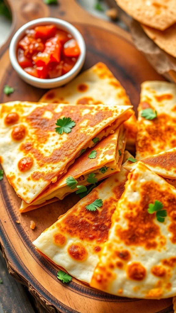 Crispy air fryer cheese quesadilla sliced into wedges, served with salsa and sour cream on a wooden platter.